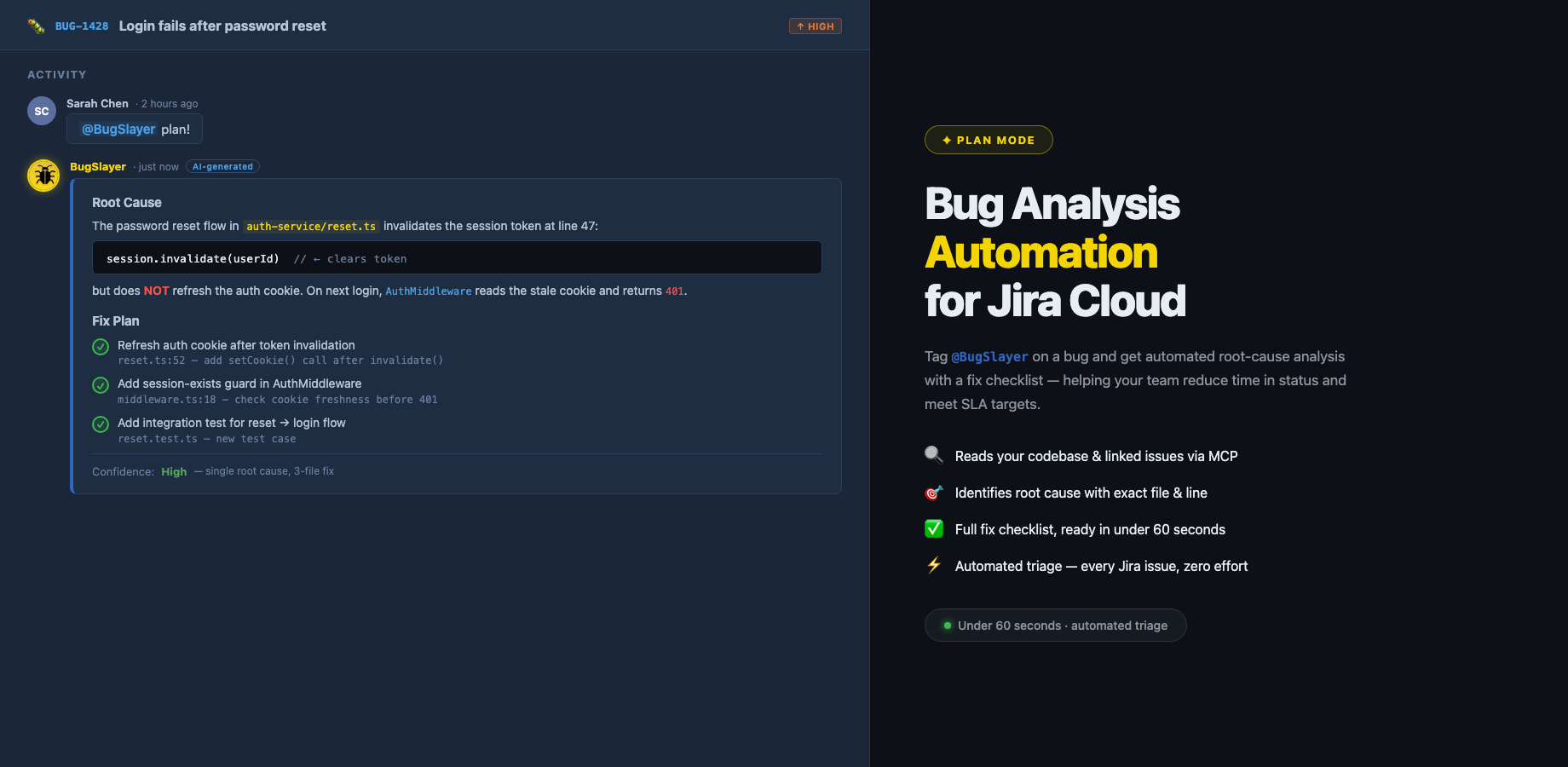 BugSlayer Plan mode — root-cause analysis in Jira